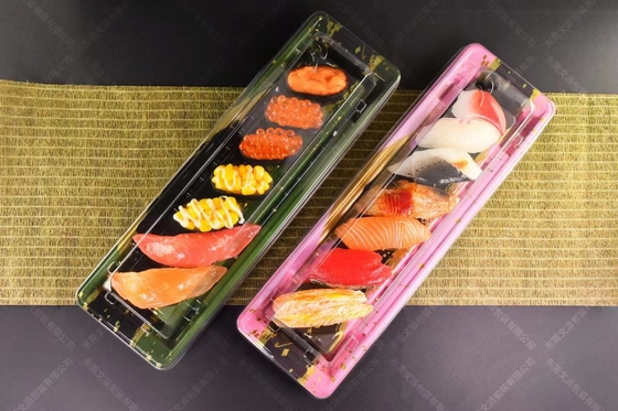 Embalagem venda quente plástico descartável personalizado PP/PET/OPS design popular super grande tamanho da festa de bandeja de sushi para levar.