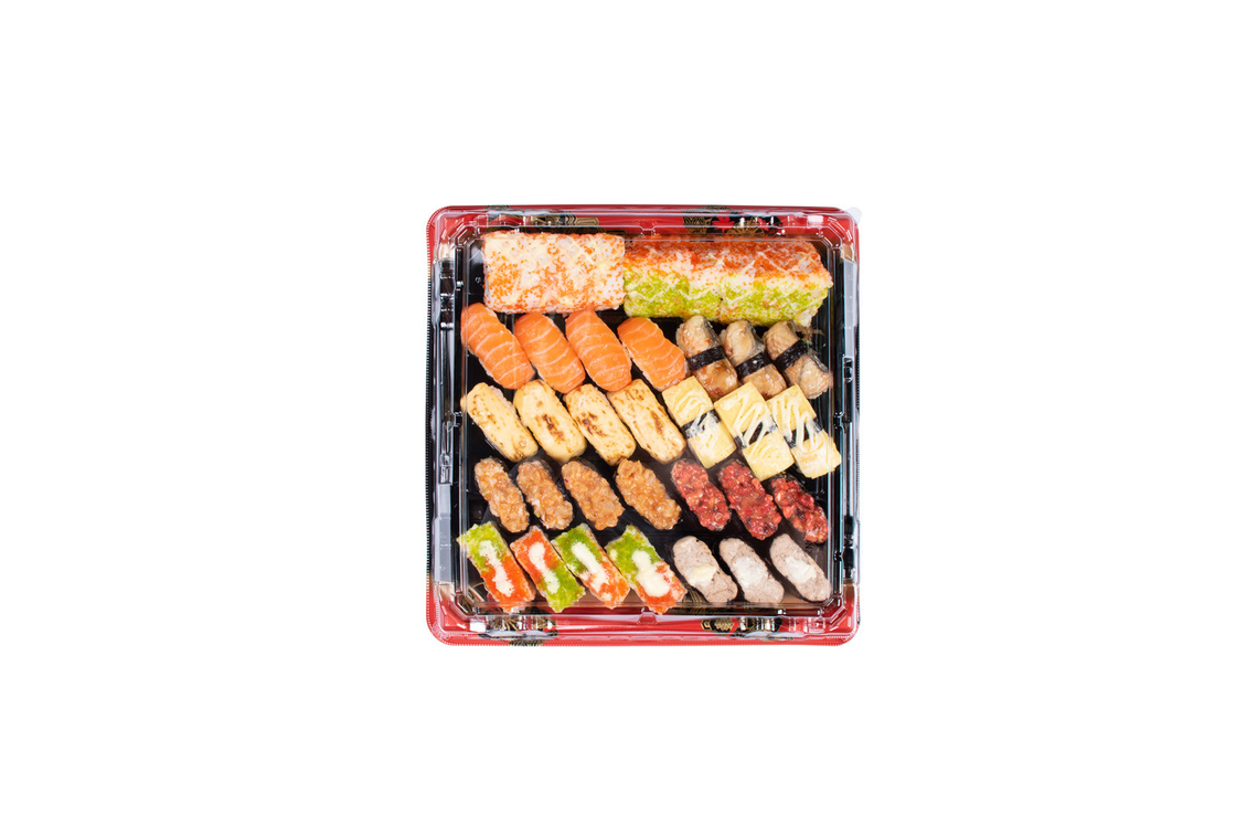 Caixa de Sushi descartável preta vermelha com tampa transparente Caixa de Sushi para levar para fora Recipiente de sobremesa de bolo de frutas