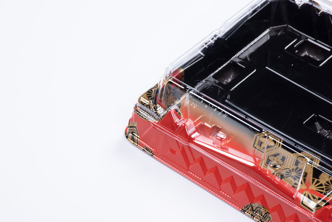Caixa de Sushi descartável preta vermelha com tampa transparente Caixa de Sushi para levar para fora Recipiente de sobremesa de bolo de frutas