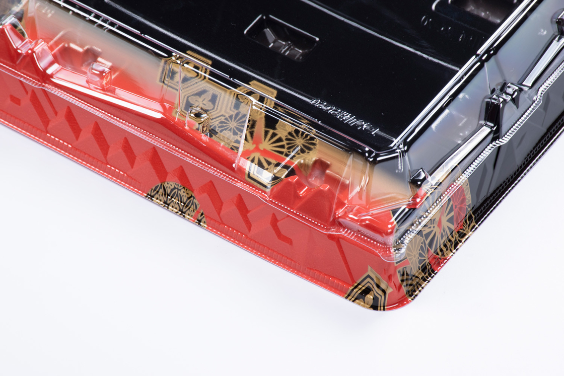 Caixa de Sushi descartável preta vermelha com tampa transparente Caixa de Sushi para levar para fora Recipiente de sobremesa de bolo de frutas