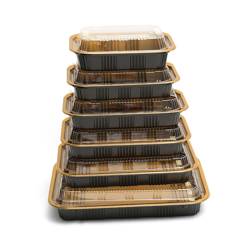 Caixa de sushi japonesa descartável Caixa de embalagem de plástico dourado com tampa Caixa de sushi bento de ponta feita por fabricantes