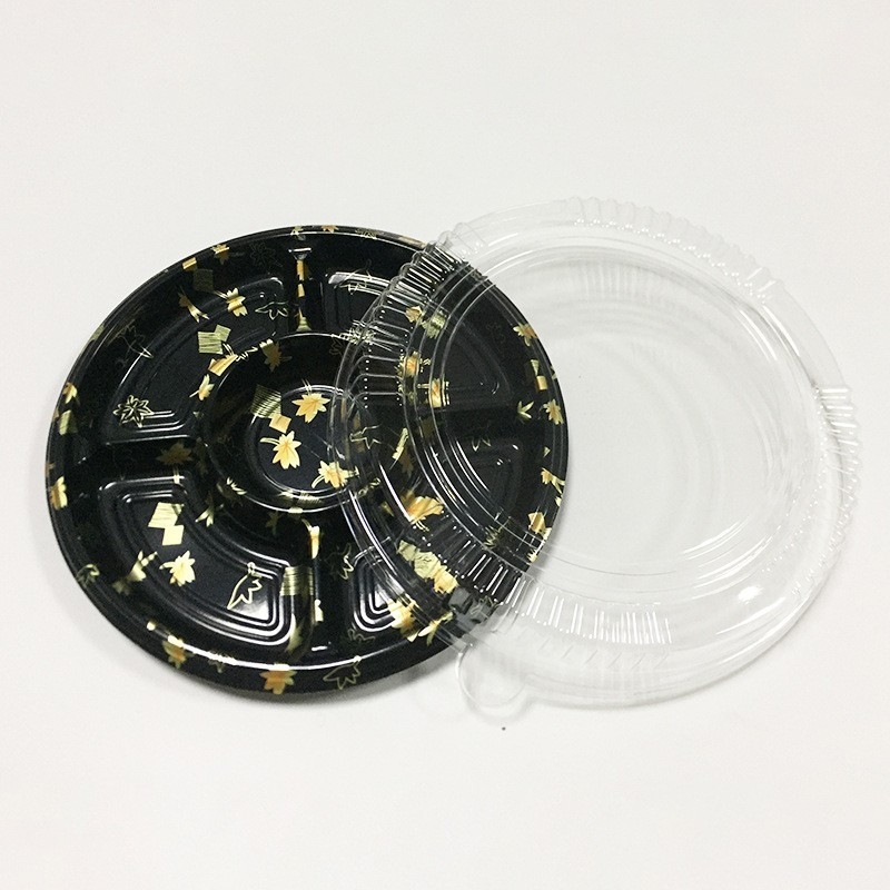 Caixa de Sushi descartável personalizada de plástico redondo com cobertura de cinco grades Corpo de salmão espinhos vendido Caixa de almoço de embalagem