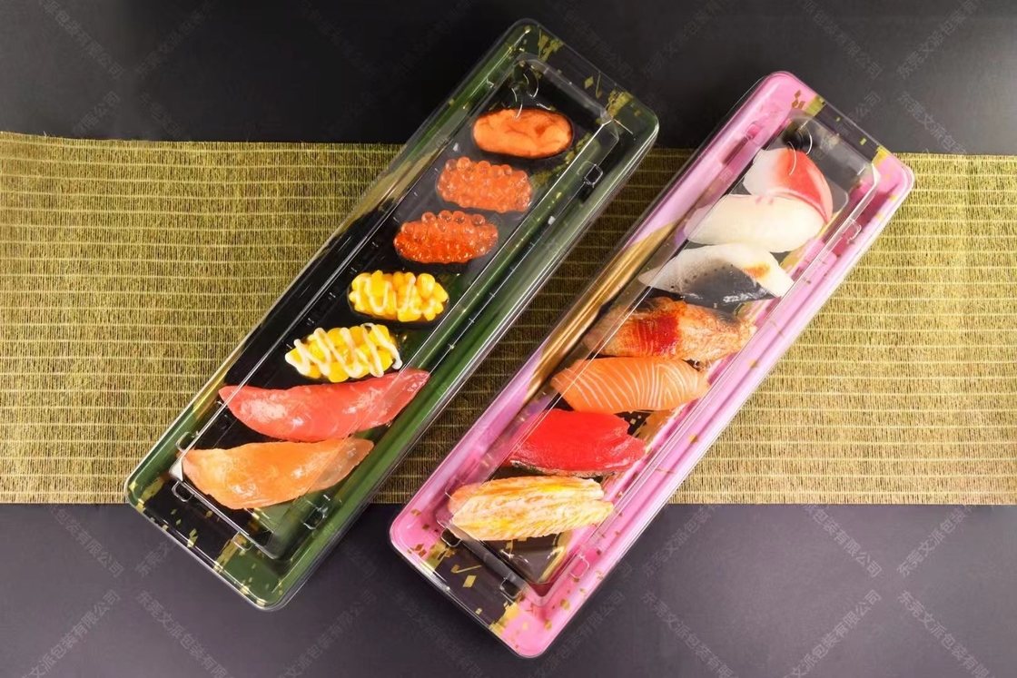 Embalagem venda quente plástico descartável personalizado PP/PET/OPS design popular super grande tamanho da festa de bandeja de sushi para levar.