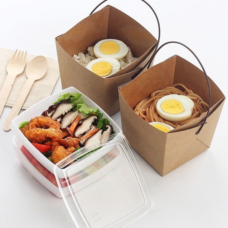 Recicle o papel de embalagem levam embora a caixa de empacotamento do macarronete do almoço com Tray And Handle